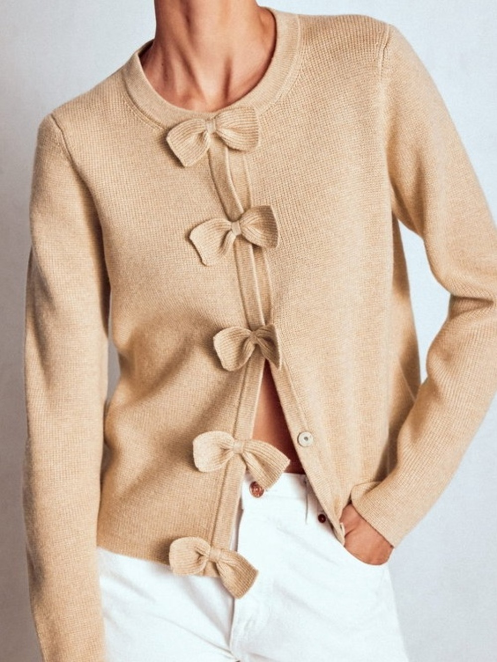 Boden Knitted Bow Cardigan-Chinchilla Melange